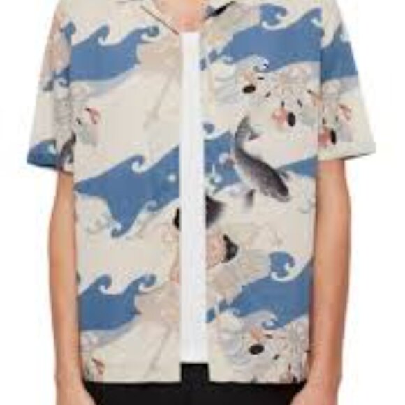 All Saints Men's Pisces Fish Koi Short Sleeve Button Down Shirt - Picture 1 of 10